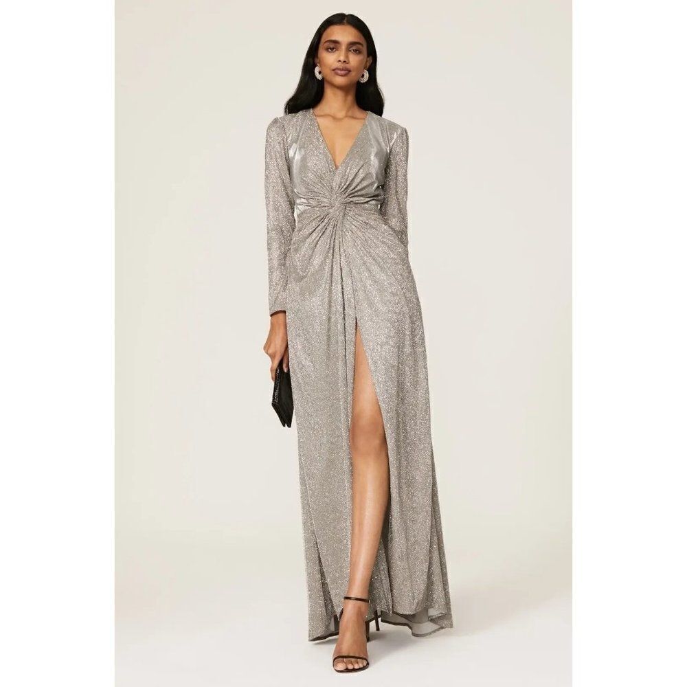 Ieena for Mac Duggal Silver Sequin Side Slit Ruched V-neck Gown Size 4